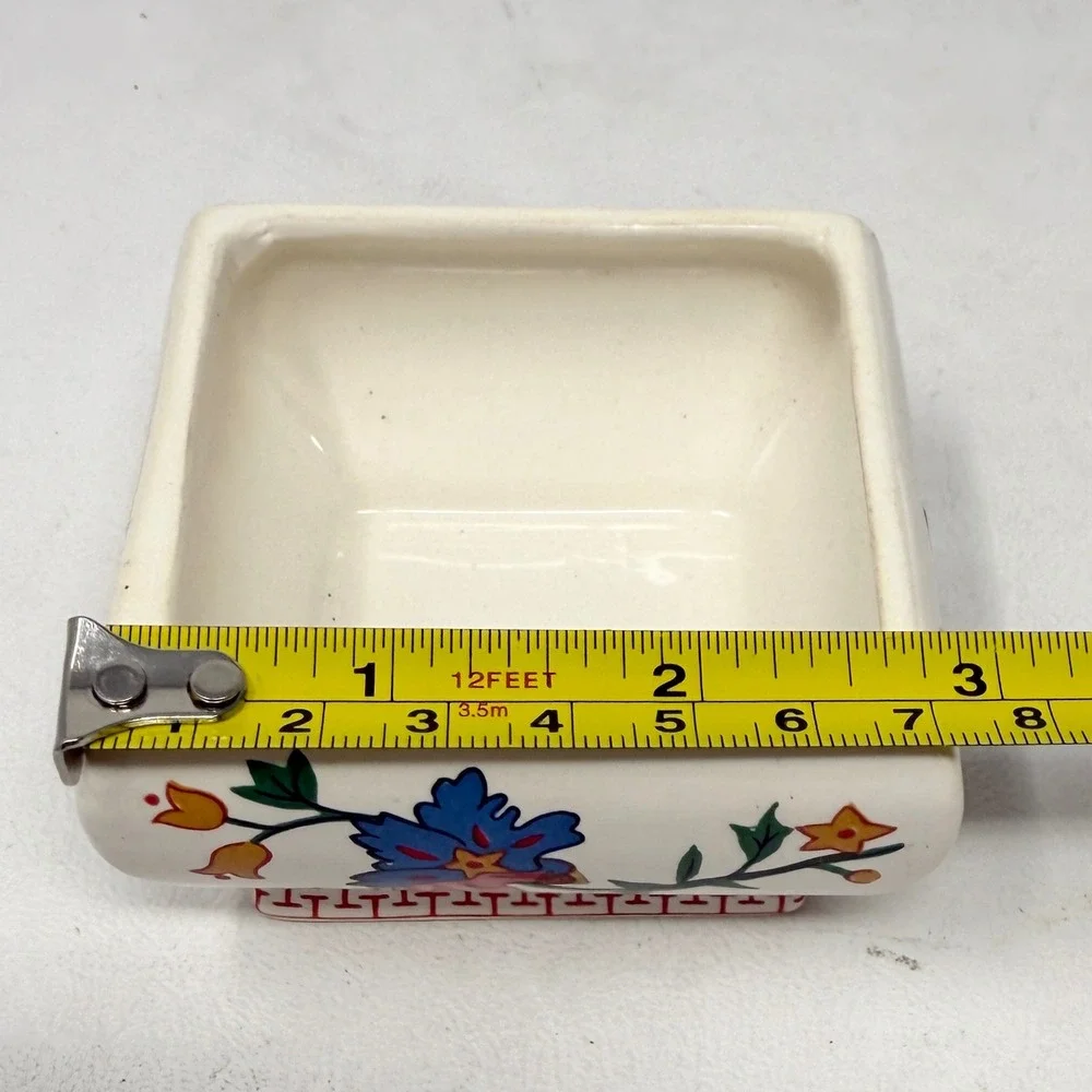 Floral 3 Inch Square Ceramic Lidded Jewelry Trinket Box 80s Oriental Gift Vanity